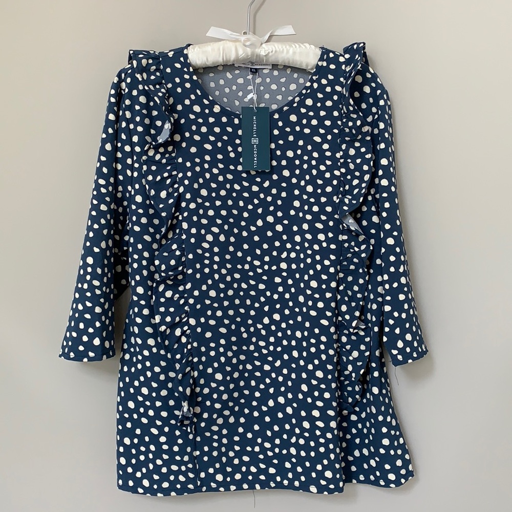 Michelle McDowell ruffle front blue white polka dot blouse 3/4 sleeve size XL